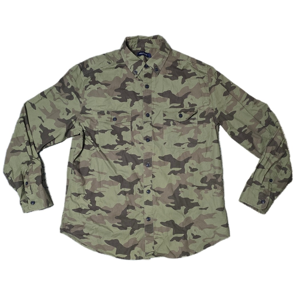 Nautica Camouflage Button Down Shirt Men's Long Sleeve Size L (C)